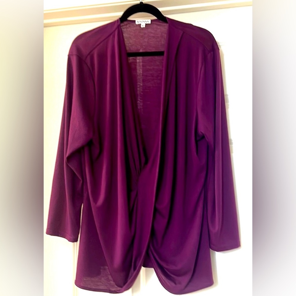 Kiyonna Wrap Style Long Sleeve Top Eggplant Plus 2X Attached in Front
